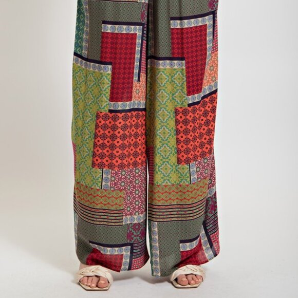 Easel Boho Patchwork Gauze Palazzo Pants | Green Combo | Smocked Waist | NWT | S - Picture 3 of 5